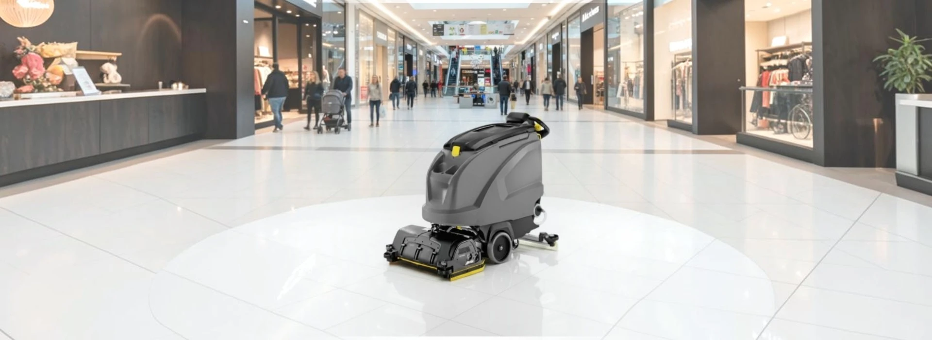 Kärcher B60W i drift på större kommersiell golvyta med fokus på vattenupptagning, sugfot och professionell daglig golvrengöring.