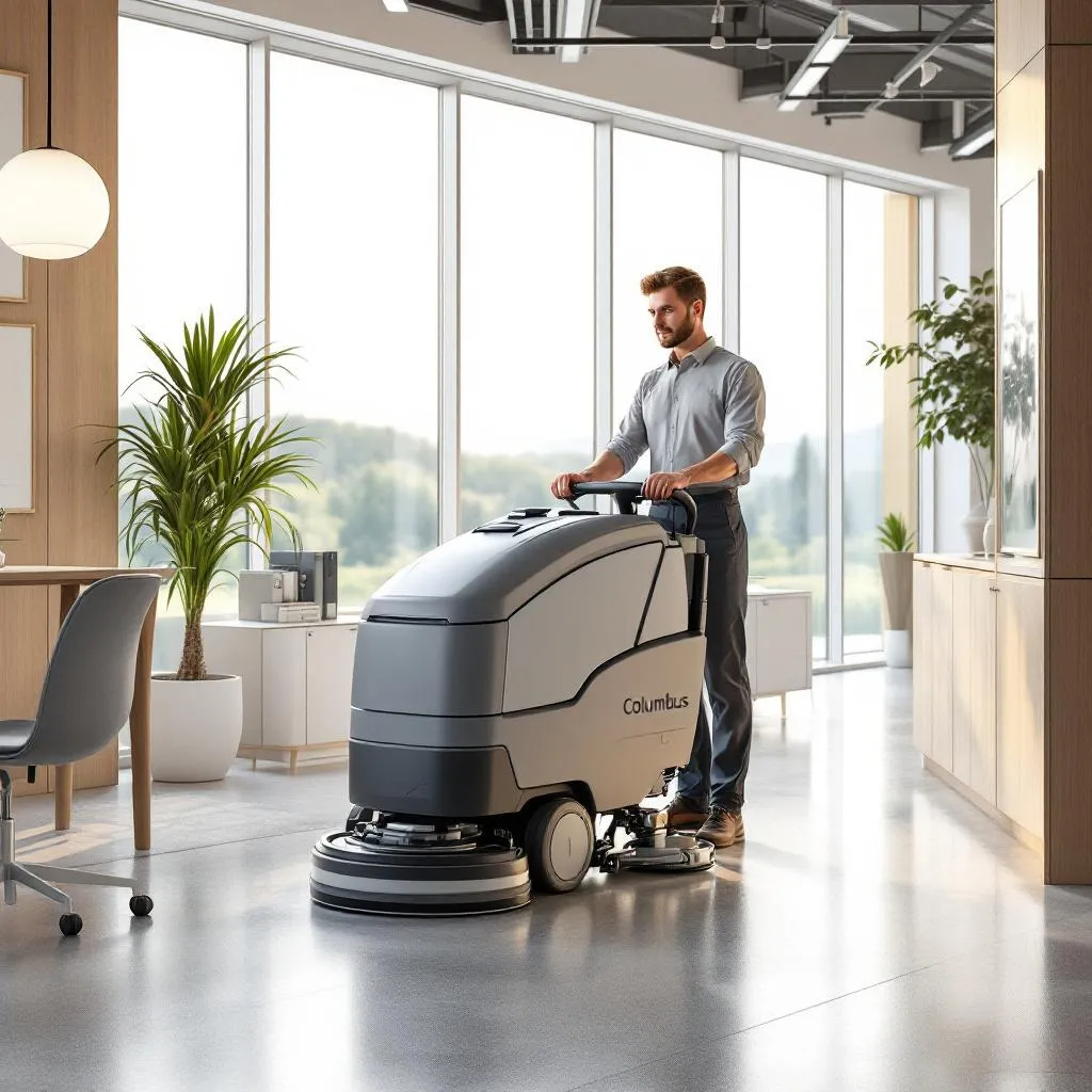 Gå-bakom skurmaskin med operatör