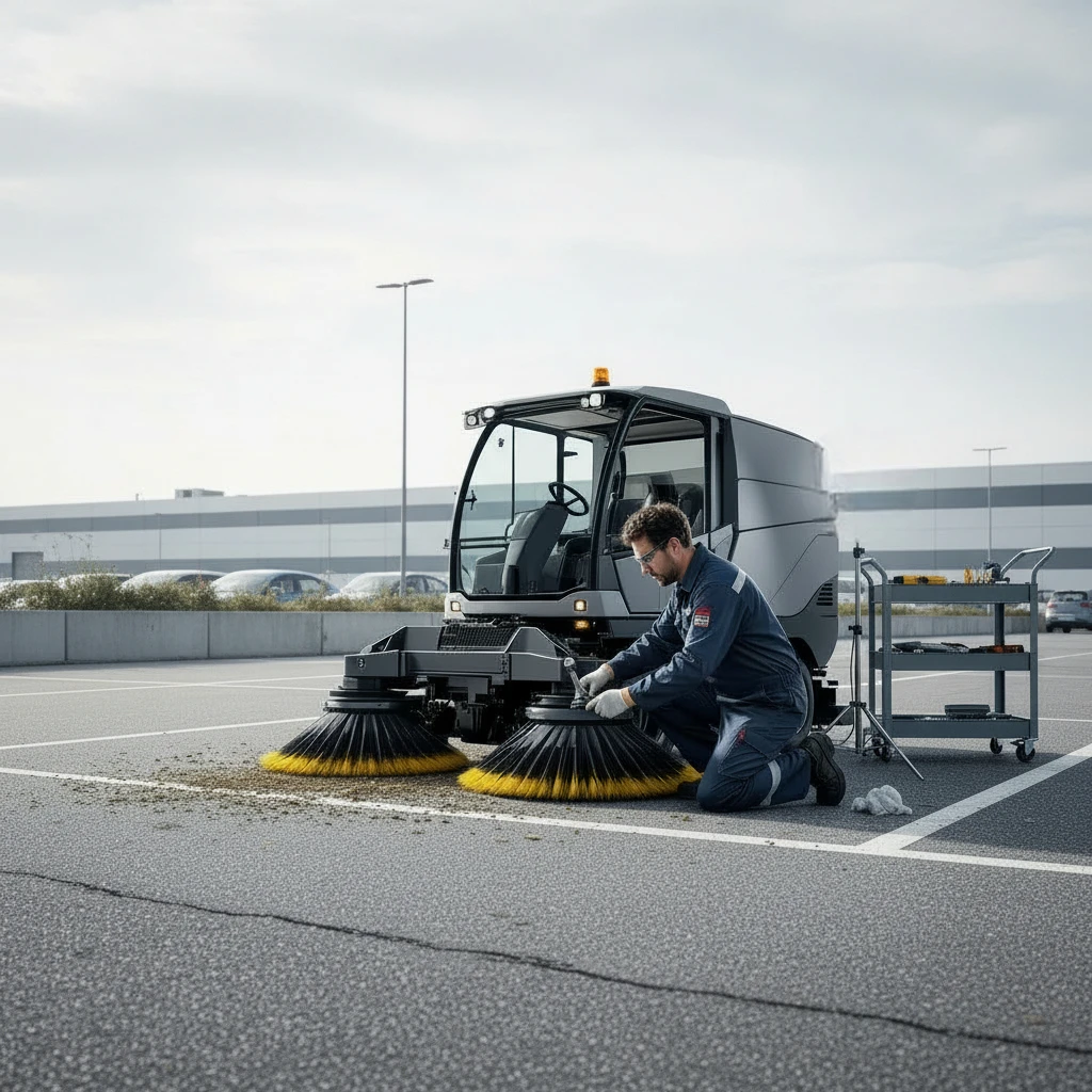 Tekniker utför service på sopmaskin