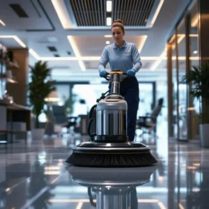 Singelskurmaskin som polerar golv i kontorsmiljö