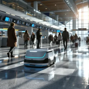 Städrobot som städar på flyplats