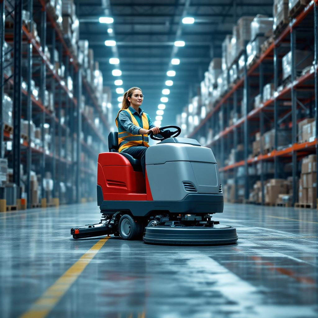 Åkbar skurmaskin som används på öppna lagerytor