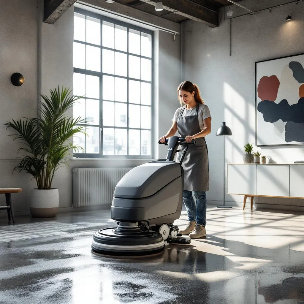Professionell skurmaskin med operatör i hotellokal